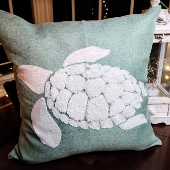 Decorative Throw Pillow Cover Embroidered Case Nautical Sea Turtle Beach Decor - Picture 1 of 10